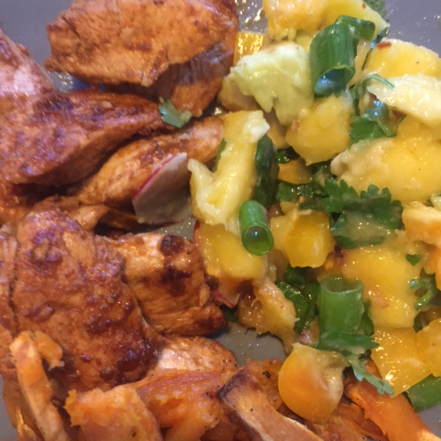 Chipotle Chicken, Mango Salsa and Sweet Potato&nbsp;Wedges