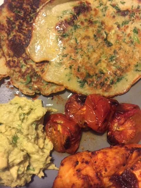 Kale Pancakes, Slow Roasted Tomatoes, Guacamole and Chipotle&nbsp;Chicken