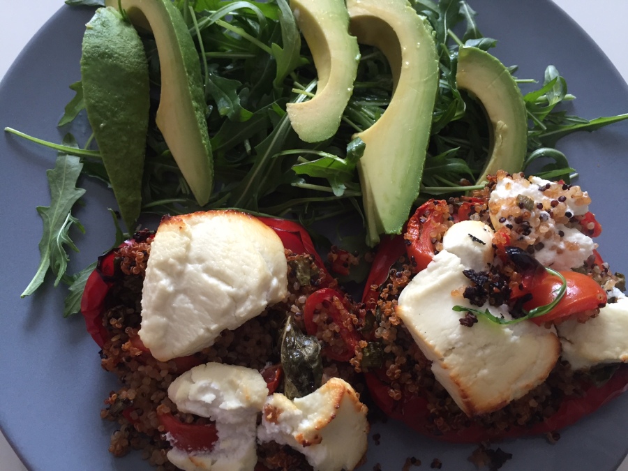 Roasted stuffed peppers with goats cheese and quinoa